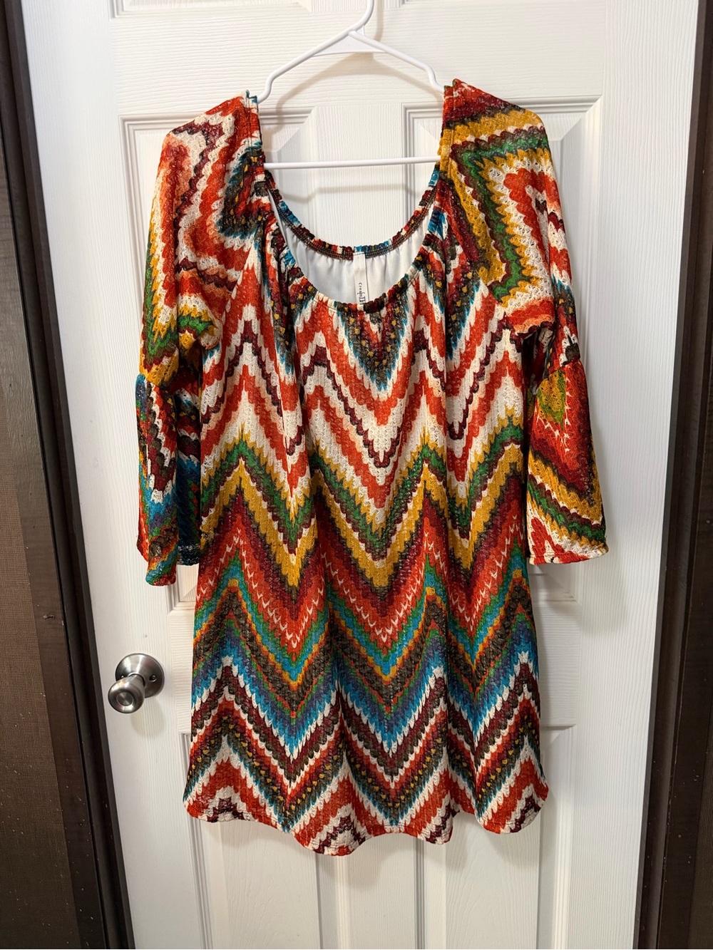 Boho Chevron Bell Sleeve Tunic Dress XL Colorful Fall Southwestern Festival - Picture 2 of 7